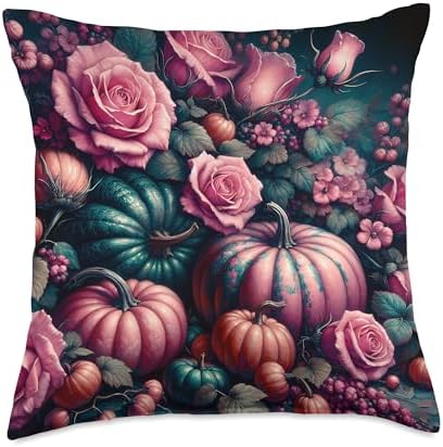 Vintage Pink Flowers Pumpkin Autumn Thanksgiving Girl Women Throw Pillow by Unknown