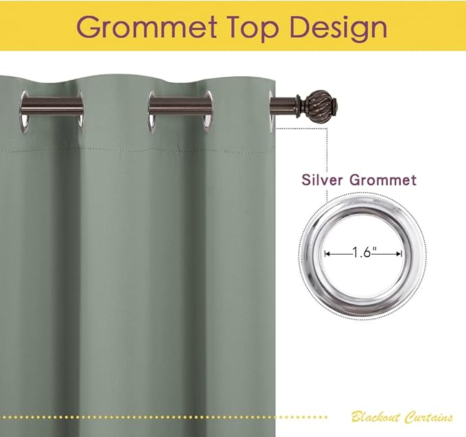 NICETOWN Thermal Insulated Greyish Green Blackout Curtains for Bedroom, Window Treatment Solid Grommet Room Darkening Drape Panels for Bedroom (Set of 2, 70 by 63 inches Long)