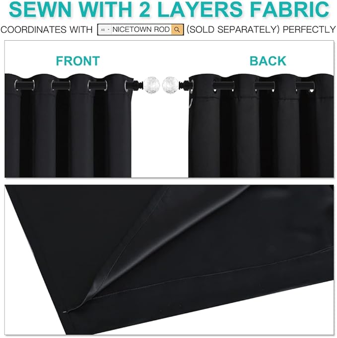 NICETOWN Cold Blocking 100% Blackout Curtains, Durable Black Lined Blackout Curtains for Bedroom, Energy Saving Long Curtains for Patio Sliding Glass Door, Black, 52 inches x 95 inches, 2 Panels