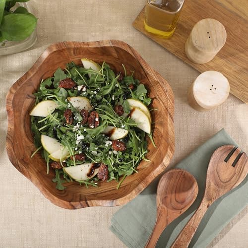 Gibson Home Sandhurst 3-Piece Acacia Wood Salad Bowl Set – 12-Inch Scalloped Serving Bowl with Wooden Salad Servers – Natural Rustic Finish for Dining, Entertaining, or Gifting - Image 5