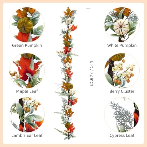 GarveeHome Fall Garland for Mantel, 6 ft Autumn Pumpkin Garland with Maple Leaves for Table Centerpiece Fall Thanksgiving Decorations Indoor Outdoor Fireplace Home Decor - Image 3