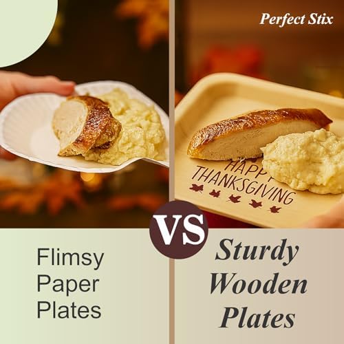 Perfect Stix Thanksgiving Plates and Napkins Set, 25 Large 10-Inch and 25 Small 7-Inch Wooden Plates with 50 Burgundy 2-Ply Dinner Napkins - Image 4