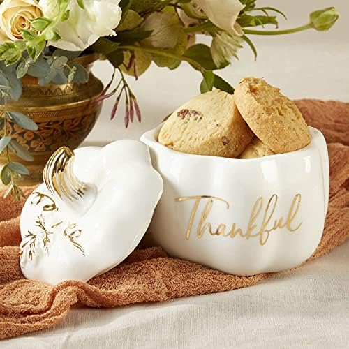 Kate Aspen Thankful White Pumpkin Bowl - Ceramic Decorative Pumpkin Decor Candy Dish With Lid, Fall Candy Dish, Thanksgiving Bowl, Fall Decorations for Home, Kitchen Decor, Thanksgiving Decorations - Image 4
