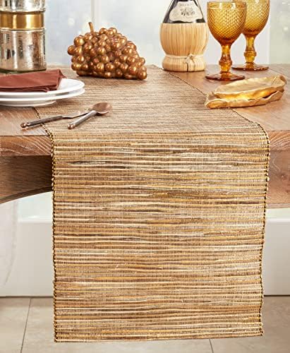 SARO LIFESTYLE Shimmering Woven Nubby Table Runner - Textured Water Hyacinth Table Runner with Sparkling Metallic Threads for Dining Tables, Everyday Entertaining and Home Décor, 16"x72", Gold - Image 3