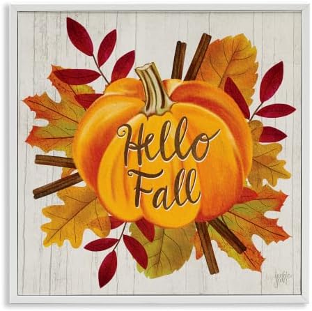 Hello Fall Pumpkin Autumn Tree Leaves, 12 x 12 Inch Framed Giclée Print by StupellIndustries