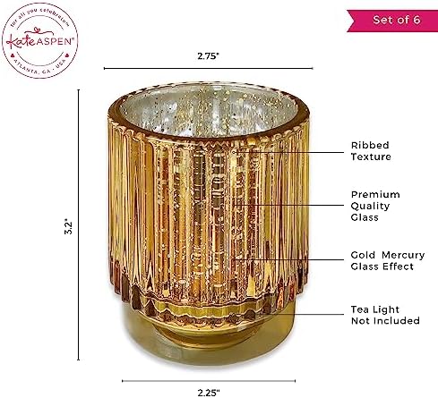 Kate Aspen Gold Votive Candle Holders-Vintage Ribbed Glass Candle Holder Set of 6-Mercury Glass Tealight Holders for Christmas Table Decor,Holiday Centerpieces,Fall Thanksgiving Tablescape (Pack of 6) - Image 6