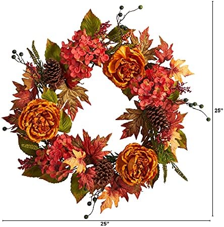Nearly Natural 25 in Autumn Ranunculus, Hydrangea and Berries Fall Wreath - Image 2
