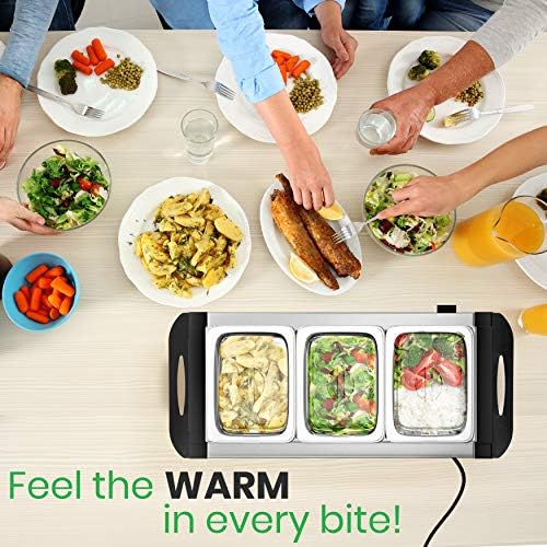 NutriChef 3 Tray Buffet Server & Hot Plate Food Warmer | Tabletop Electric Food Warming Tray | Easy Clean Stainless Steel | Portable & Great for Parties & Events | Max Temp 175F | (PKBFWM33.V7) - Image 7