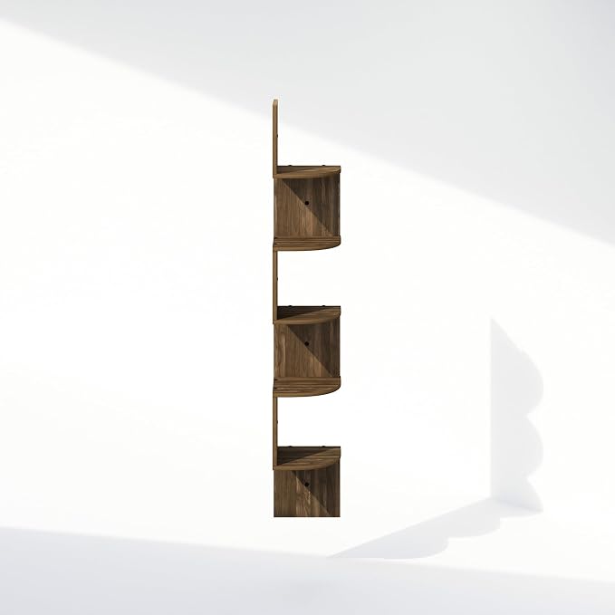 Furinno Rossi 5-Tier Floating Corner Shelf for Wall, Corner Zigzag Shelf Wall Mounted, Radial Wall Mount Shelves, for Home Office, Living Room, Bedroom, Bathroom, Columbia Walnut