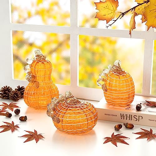 Glitzhome Hand Blown Glass Pumpkin 3pcs Fall Glass Gourd, Orange/White - Image 3