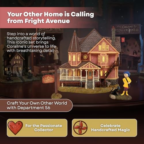 Department 56 Coraline Pink Palace Apartments Village Set – Lighted Building with Figurines for Halloween Village Display, Coraline Decorations, and Movie Collectible Fans