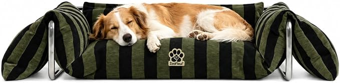 2-in-1 Human & Pet Elevated Dog Sofa, Striped Couch with Metal Frame & Foam, Indoor Pet Furniture