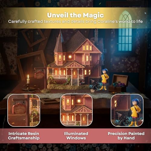 Department 56 Coraline Pink Palace Apartments Village Set – Lighted Building with Figurines for Halloween Village Display, Coraline Decorations, and Movie Collectible Fans