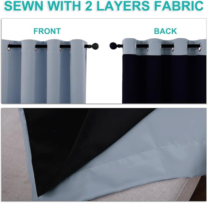 NICETOWN 100% Blackout Lined Curtains, Vintage Blue, 1 Pair, 42" Width x 63" Length Each Panel, 2 Thick Layers Completely Blackout Window Treatment Panels Thermal Insulated Drapes for Kitchen