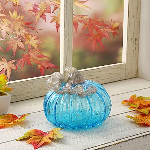 Glitzhome Decorative Hand Blown Glass Pumpkin Figurine, 5.12" H, Blue