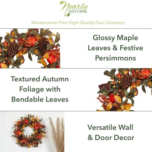 Nearly Natural 26 in Autumn Maple, Persimmons, and Pinecones Fall Wreath - Image 2