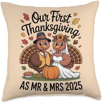 Our First Thanksgiving as Mr and Mrs 2025 Turkey Newlywed Throw Pillow by Unknown