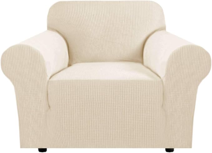 H.VERSAILTEX Stretch Chair Slipcover 1-Piece Armchair Couch Cover Furniture Protector Fit Chair Width 30-40 Inches Jacquard Small Checked with Elastic Bottom for Kids(Armchair, Natural)