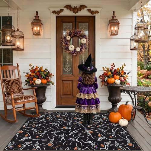 Tribesigns Washable 3x5 Halloween Rug for Entryway, Non-Slip Black Skeleton Kitchen Rugs, Ultra Thin Gothic Floor Carpet for Front Door Bathroom Living Room Kids Bedroom Decor, Black/3x5 - Image 2