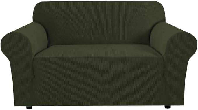 H.VERSAILTEX Stretch Couch Cover Loveseat Covers for 2 Cushion Couch Sofa Slipcover for Love Seat 1 Piece with Elastic Bottom, Checked Jacquard Fabric(Loveseat 58"-70" Wide, Olive)