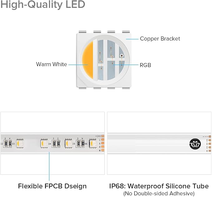 BTF-LIGHTING IP68 Waterproof Outdoor RGBW LED Strip 5050SMD RGB+Warm White(3000K-3500K) 4 Color in 1 DC24V 16.4ft 5m 60LED/m Multi-Colored Light White PCB Can Work Outdoor(No Adapter or Controller)