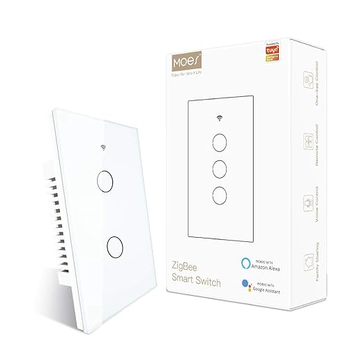 MOES ZigBee Smart Touch Wall Light Switch,Requires Tuya ZigBee Hub,No Neutral Wire/N+L Wiring,No Capacitor,Smart Life Tuya 2/3 Way Remote Control, Work with Alexa Google Home, 2MQTT,2 Gang White