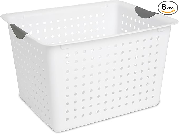 Sterilite Deep Ultra™ Basket, Open Plastic Storage Bin, White, 6 Pack | Large Open Containers and Bins for Pantry Shelves, Kitchen Cabinets, Laundry, Closets, Dorm Rooms, Classrooms & Bathrooms