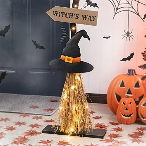 Glitzhome 42" H Wooden Witch's Broom Porch Decor, Farmhouse Halloween Yard Sign Rustic Style Directional Porch Sign for Home Halloween Party Decor - Image 6