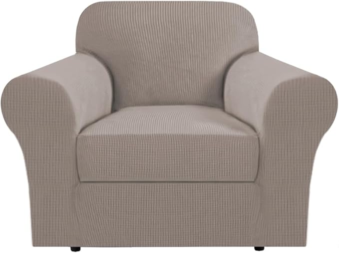 H.VERSAILTEX Stretch 2 Piece Armchair Slipcover Chair Covers for Living Room Furniture Cover Suit for T Cushion/Box Cushion, Spandex Jacquard Fabric Small Checks(Armchair-Standard, Taupe)