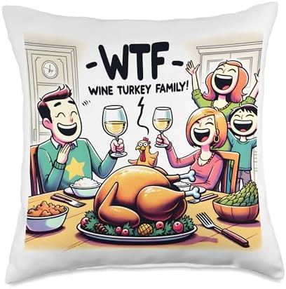 Cocorina WTF Wine Turkey Family Funny Thanksgiving Day Throw Pillow, 18x18, Multicolor by Unknown