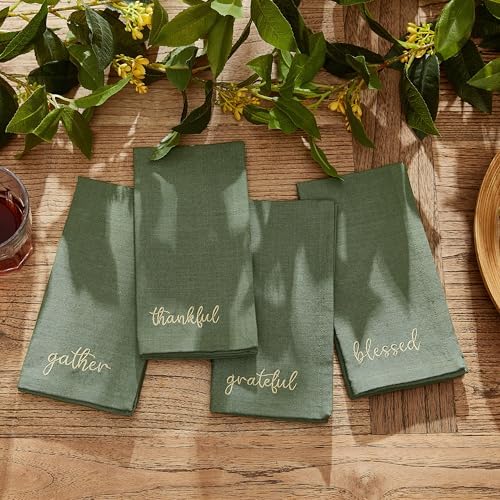Threadmade Harvest Sentiment Embroidered Napkins, Set of 4, Green - 17" W x 17" L - Image 7