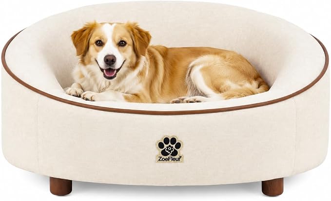 Human & Pet Shared Round Dog Bed, High Resilience Foam with Solid Pine Leg Frame, Indoor Pet Furniture(Cream Beige)