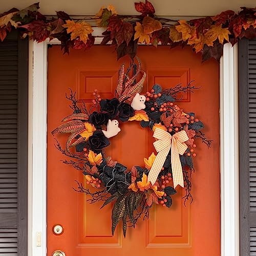 Takywep 26 Inch Halloween Wreaths for Front Door, Ghost Wreath with Black Roses Feathers and Maple Leaves, Spooky Indoor Outdoor Door Hanging Decorations Porch Wall Home Decor - Image 3