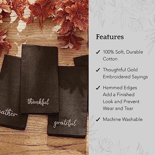 Threadmade Harvest Sentiment Embroidered Napkins, Set of 4, Brown - 17" W x 17" L - Image 3