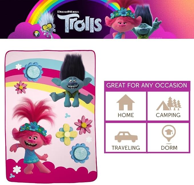 DreamWorks Trolls 2 Kids Bedding Super Soft Plush Micro Raschel Blanket, 62 in x 90 in, (Officially Licensed Product) By Franco
