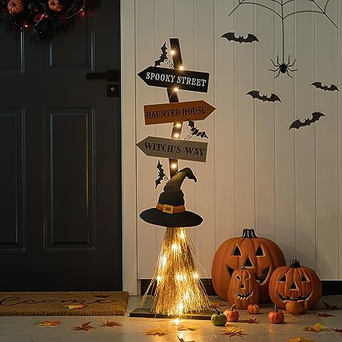 Glitzhome 42" H Wooden Witch's Broom Porch Decor, Farmhouse Halloween Yard Sign Rustic Style Directional Porch Sign for Home Halloween Party Decor - Image 3