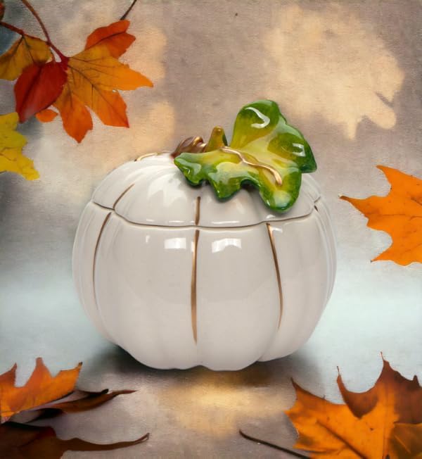 Cosmos Gifts 21072 Fine Ceramic Thanksgiving White with Gold Pumpkin Keepsake Trinket Box, 3-5/8" L - Image 5