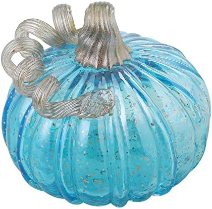 Glitzhome Decorative Hand Blown Glass Pumpkin Figurine, 5.12" H, Blue