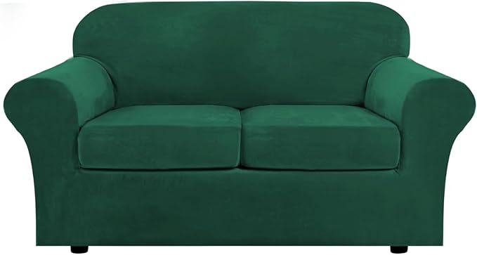 H.VERSAILTEX Real Velvet Plush 3 Piece Stretch Sofa Covers Couch Covers for 2 Cushion Couch Loveseat Covers Width Up to 72 Inch Feature Thick Soft Stay in Place (Medium Sofa, Vintage Green)