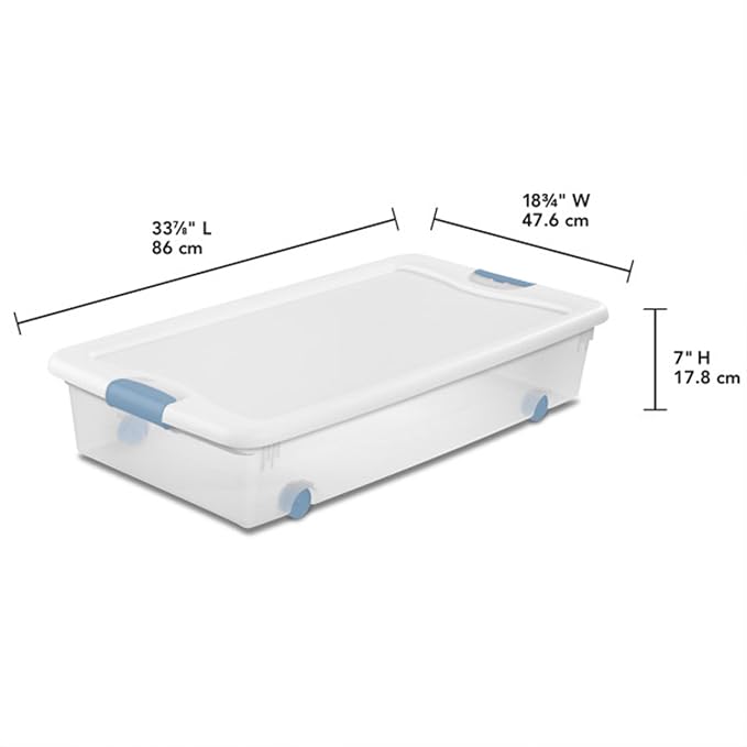 Sterilite 8-Pack Wheeled Latching Box, Plastic Under Bed Storage Bins with Lids, 56 Quart - Large Clear Stackable Tote Organizer Containers for Closet, Bedroom, Bathroom, and Office Organization