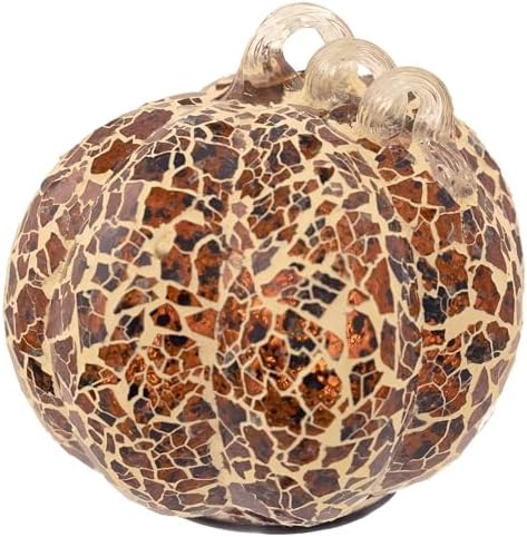 Boston International Handblown Glass Pumpkin with LED Light Thanksgiving Halloween Decorations for Home, Small, Mosaic by BostonInternational