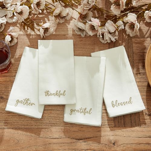 Threadmade Harvest Sentiment Embroidered Napkins, Set of 4, Ivory - 17" W x 17" L - Image 7