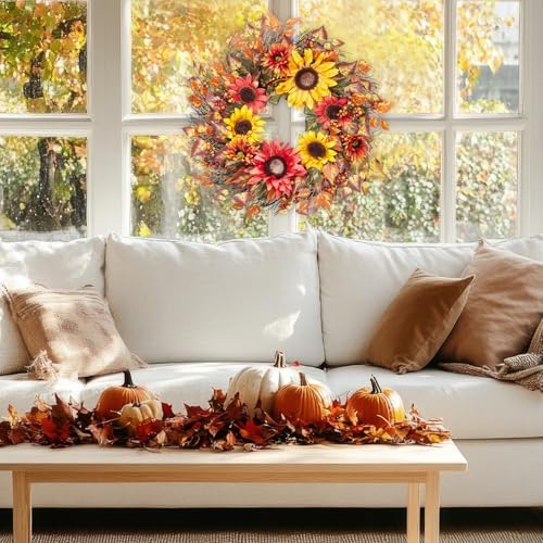 24 Inch Fall Wreath for Front Door, Harvest Wreath with Sunflower, Berries, Leaves, Autumn Wreath for Thanksgiving Farmhouse Harvest Indoor and Outdoor - Image 6