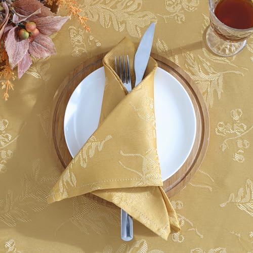 Elegant Woven Leaves Jacquard Damask Tablecloth, Gold - 60" W x 84" L Oval