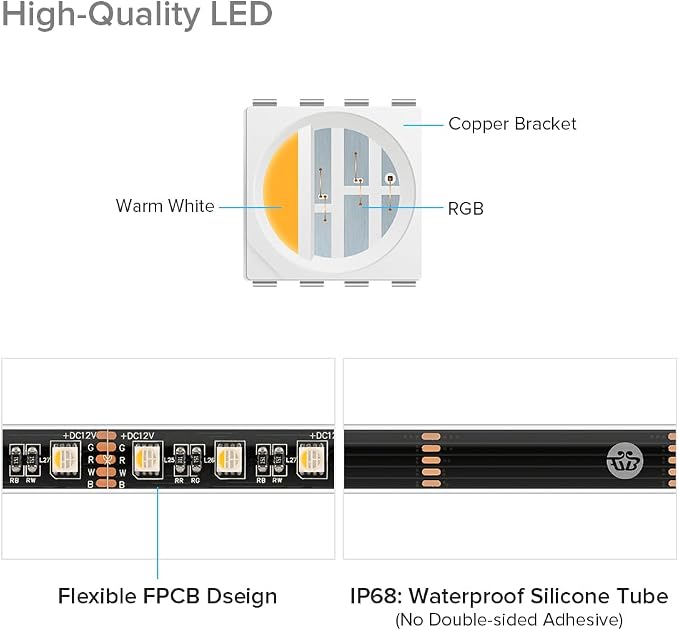 BTF-LIGHTING IP68 Waterproof Outdoor RGBW LED Strip 5050SMD RGB+Warm White(3000K-3500K) 4 Colors in 1 DC12V 16.4ft 5m 60LED/m Multi-Colored Tape Lights Can Work Outdoor(No Adapter or Controller)