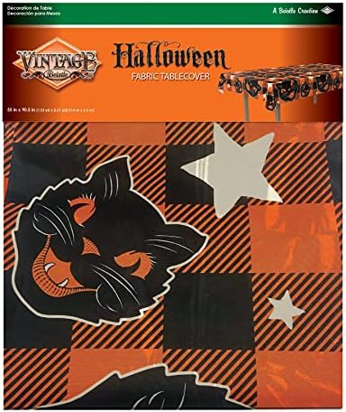 Beistle Fabric Black Cat Vintage Halloween Tablecover, 55” x 90.5” – Polyester Table Cloth, Rectangular Tablecloth, Holiday Tablecloth, Halloween Fabric Tablecloth, Halloween Decorations