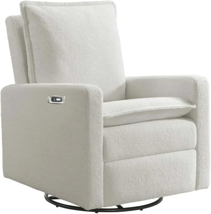 Oxford Baby Uptown Power Upholstered Glider Recliner Rocking Chair 270° Swivel for Nursery and Living Room – Boucle White, Green Guard Gold Certified