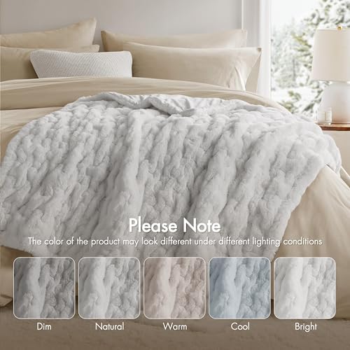 Madison Park Ruched Fur Throw Faux Fur Blanket, 50" x 60", Silver Grey | Luxury, Premium, Soft Cozy Brushed Long Pile, All Season Plush Modern OEKO- TEX Certification Warm For Bed, Couch or Sofa