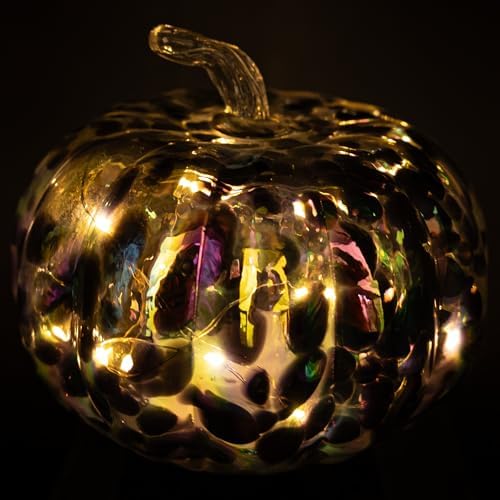Boston International Handblown Glass Pumpkin with LED Light Thanksgiving Halloween Decorations for Home, Small, Iridescent - Image 2