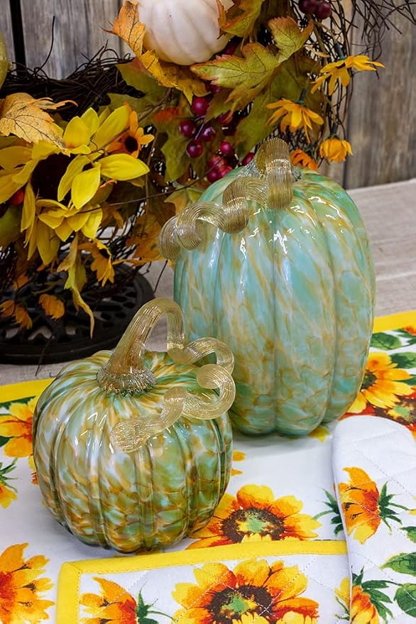 Boston International FEI19311 Decorative Glass Pumpkin Figurine, 4.5 x 5.5-Inches, Green and Gold